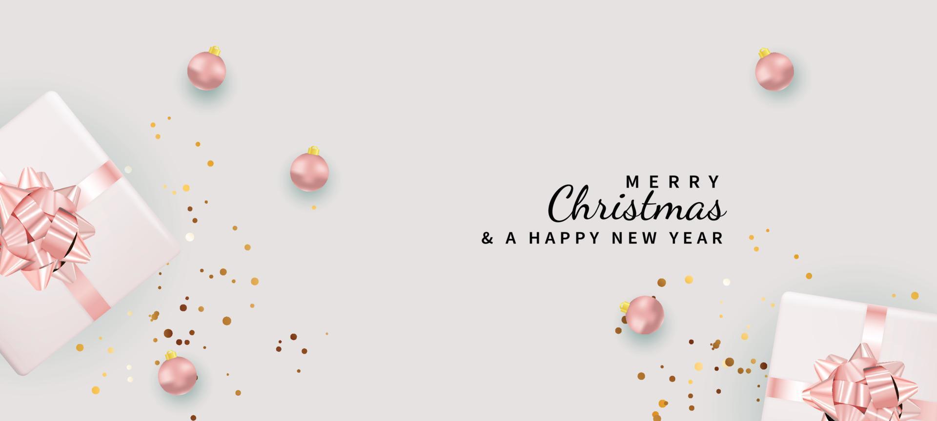 Merry Christmas pink background with gifts, decorations, confetti vector