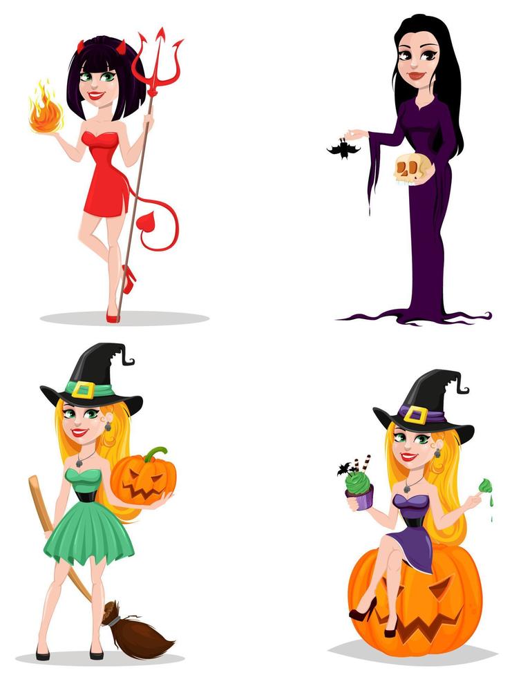 Halloween, cute cartoon character for holiday. Set with lady witch and devil. vector