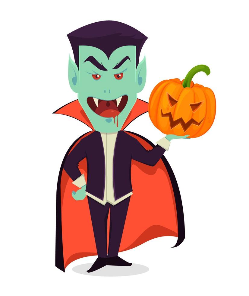 invitación de halloween o tarjeta de felicitación. divertido vampiro sosteniendo calabaza vector