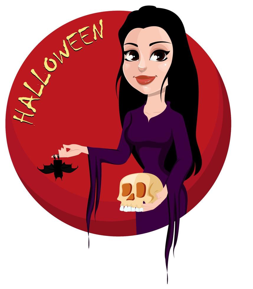 feliz fiesta de halloween. bella dama de estilo gótico con vestido largo negro y sosteniendo cráneo y murciélago. vector