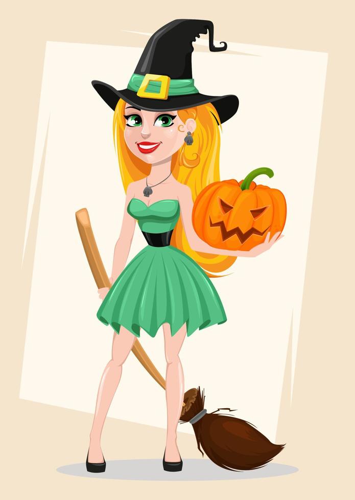 Halloween greeting card. Beautiful lady witch wearing pilgrim hat and holding broom and pumpkin. vector