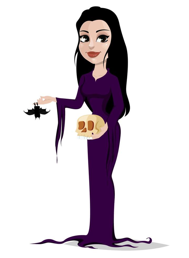 Happy Halloween party. Beautiful lady in gothic style wearing black long dress. vector