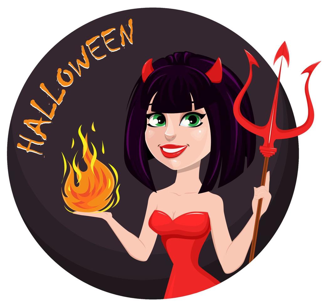 chica diablo para halloween. diablesa sexy con tridente en una mano y llama en la otra. vector