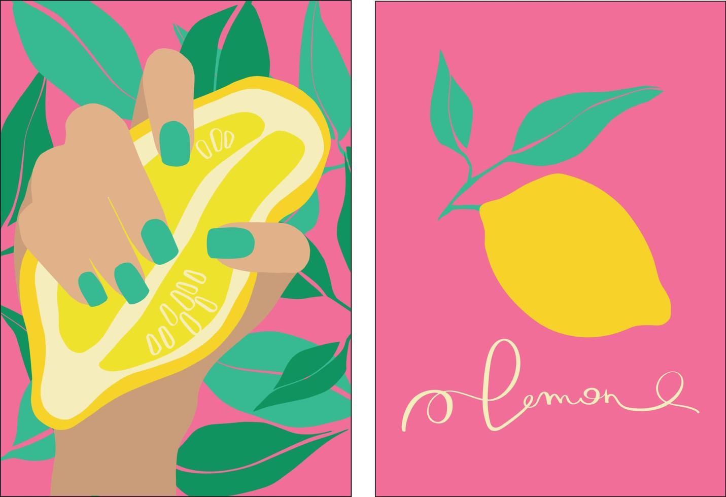 Lemon in modern style. A woman's hand with a manicure holds a lemon. Set of vector illustrations on a pink background. Modern contemporary vector illustration. Minimal abstract background.