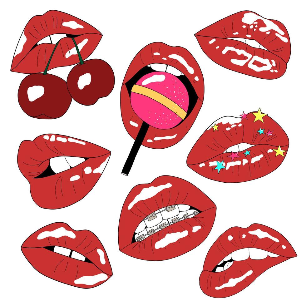 Set of different red lips on white background. Woman mouth with red lipstick makeup expressing different emotions. Isolated vector illustration