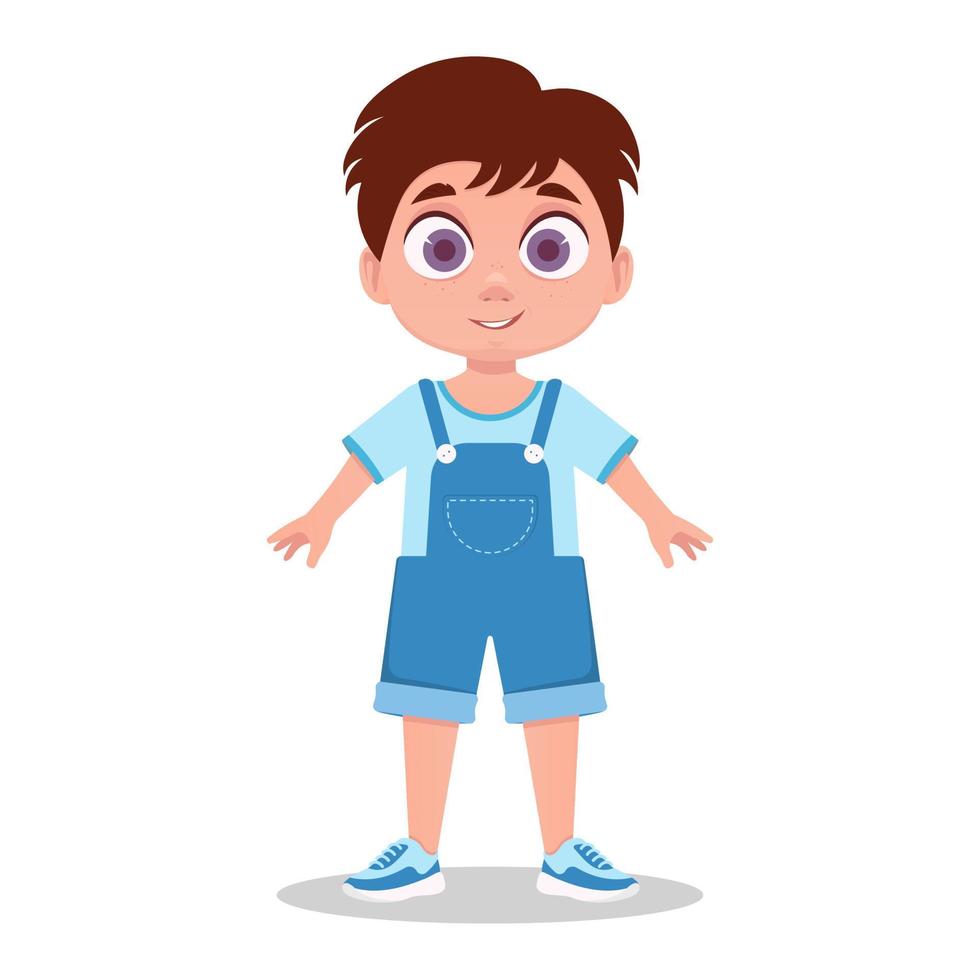 A cute boy is smiling, wearing a blue jumpsuit vector