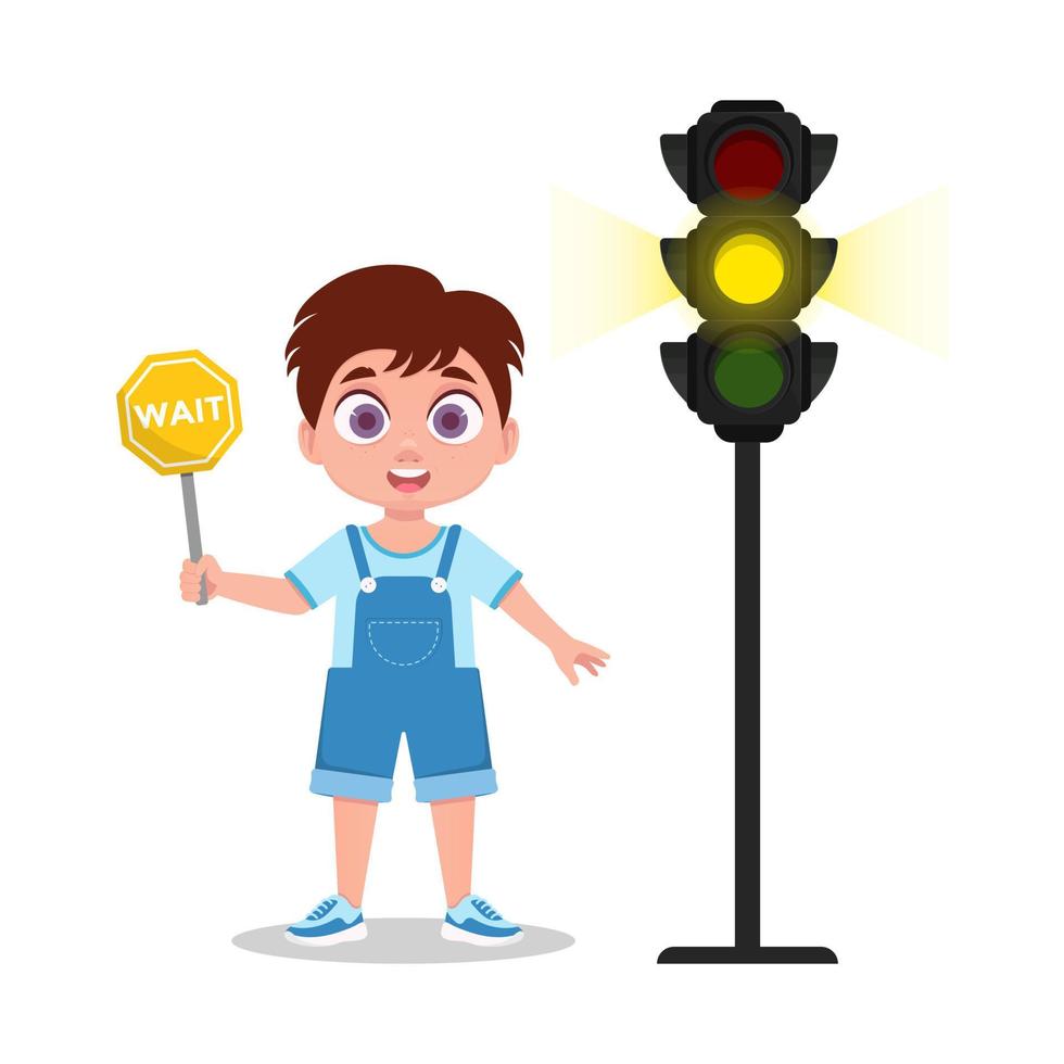 Schoolboy with a waiting sign. The traffic light shows a yellow signal vector