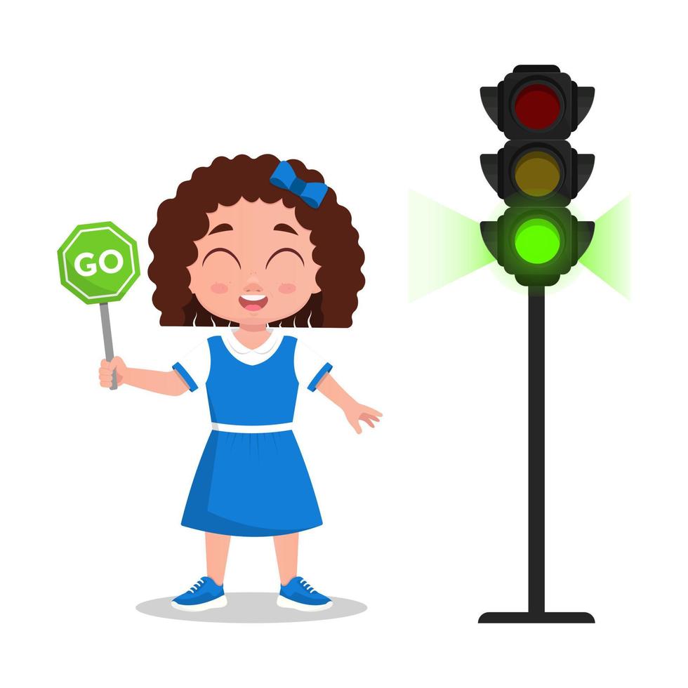 Girl with a sign to go. The traffic light shows a green signal vector