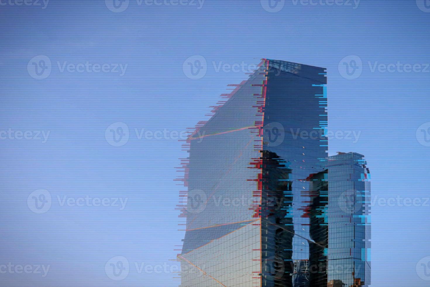 Office glitch building on blue background. Abstract digital background. Glitch city noise texture. Technology background digital glitch effect. photo