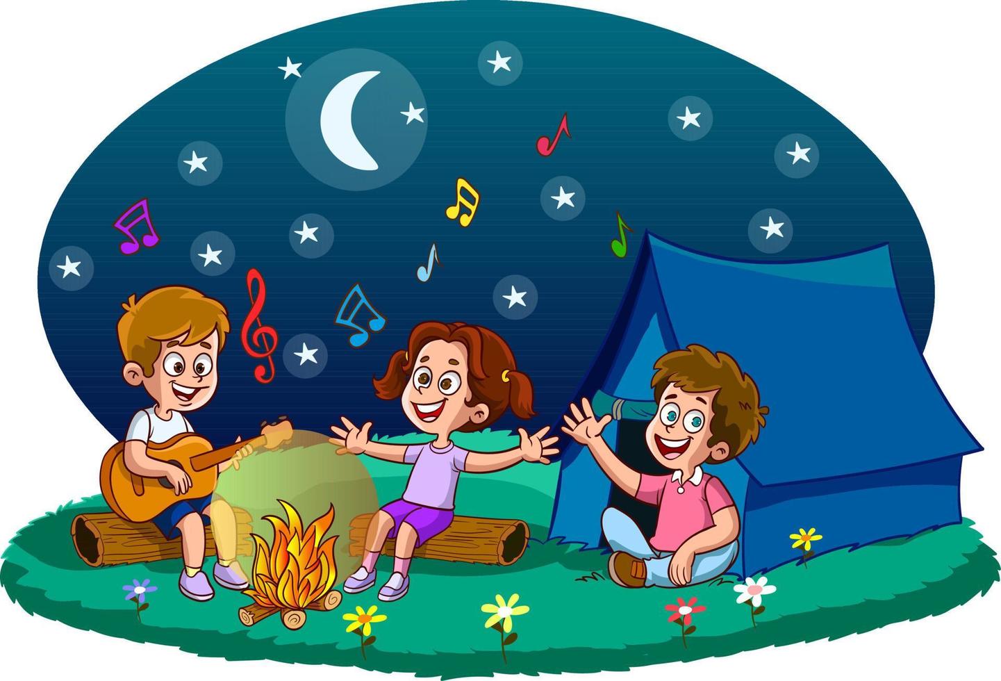 children near bonfire in summer camp - vector illustration, eps