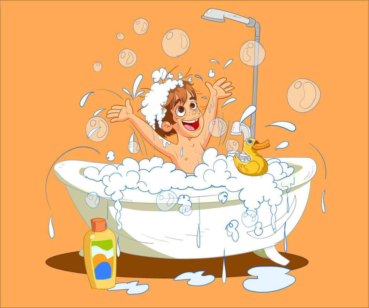 niño bañándose y lavándose la cabeza y el cuerpo todo cubierto de espuma. el niño se lava en una bañera grande con un montón de pato de juguete de espuma de champú. adorable niño sonriente en el baño. ilustración de personaje de vector plano