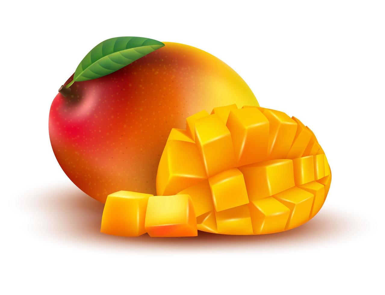 cubos de mango maduros vectoriales amarillos, naranjas, rojos enteros y en rodajas con hojas aisladas en fondo blanco vector