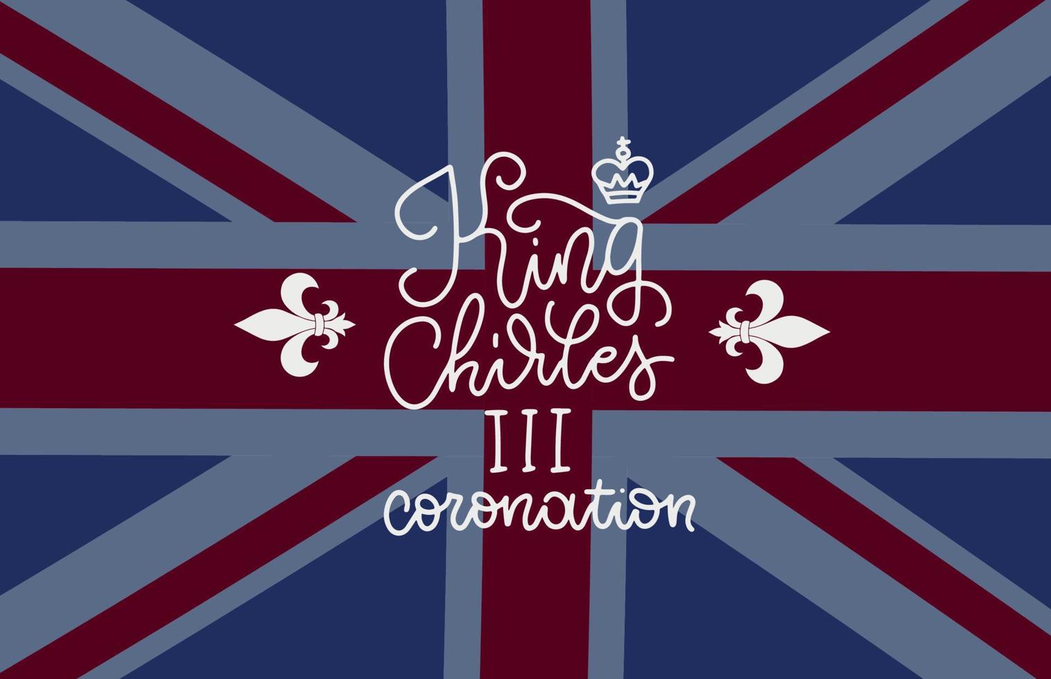 King Coronation banner. Linear hand drawn lettering text gainst the background of the British flag. Vector design.