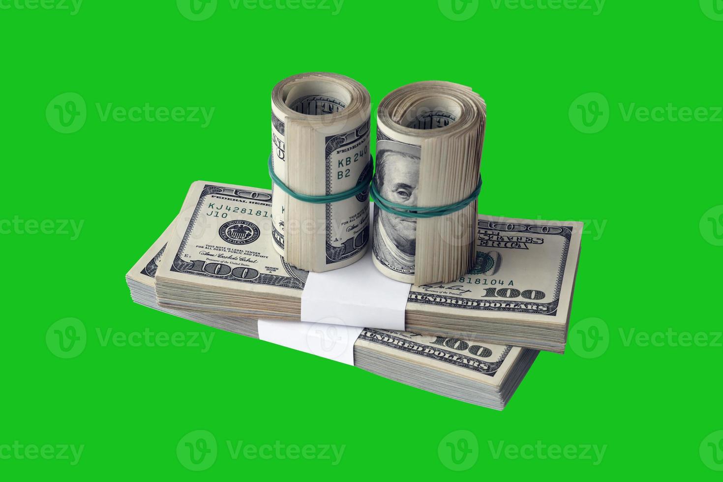 Bundle of US dollar bills isolated on chroma keyer green. Pack of american money with high resolution on perfect green mask photo
