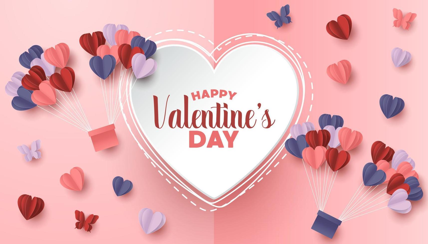Happy valentines day paper cut style with colorful heart shape in pink background vector