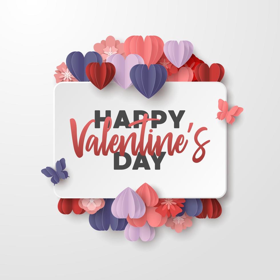 Happy valentines day paper cut style with colorful heart shape in white background vector