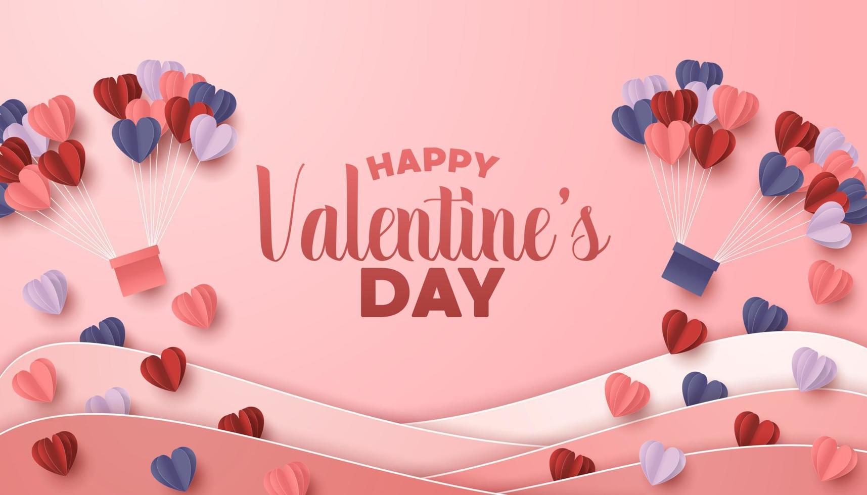 Happy valentines day paper cut style with colorful heart shape in pink background vector