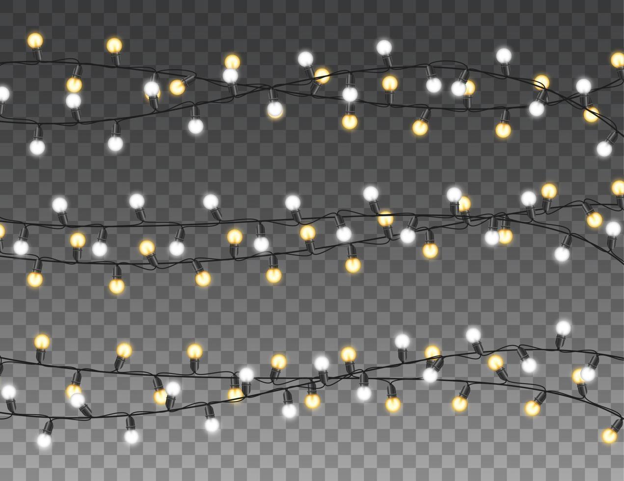 Christmas lights isolated realistic design elements. Glowing lights for christmas Holiday greeting card design. Garlands, Christmas decorations vector