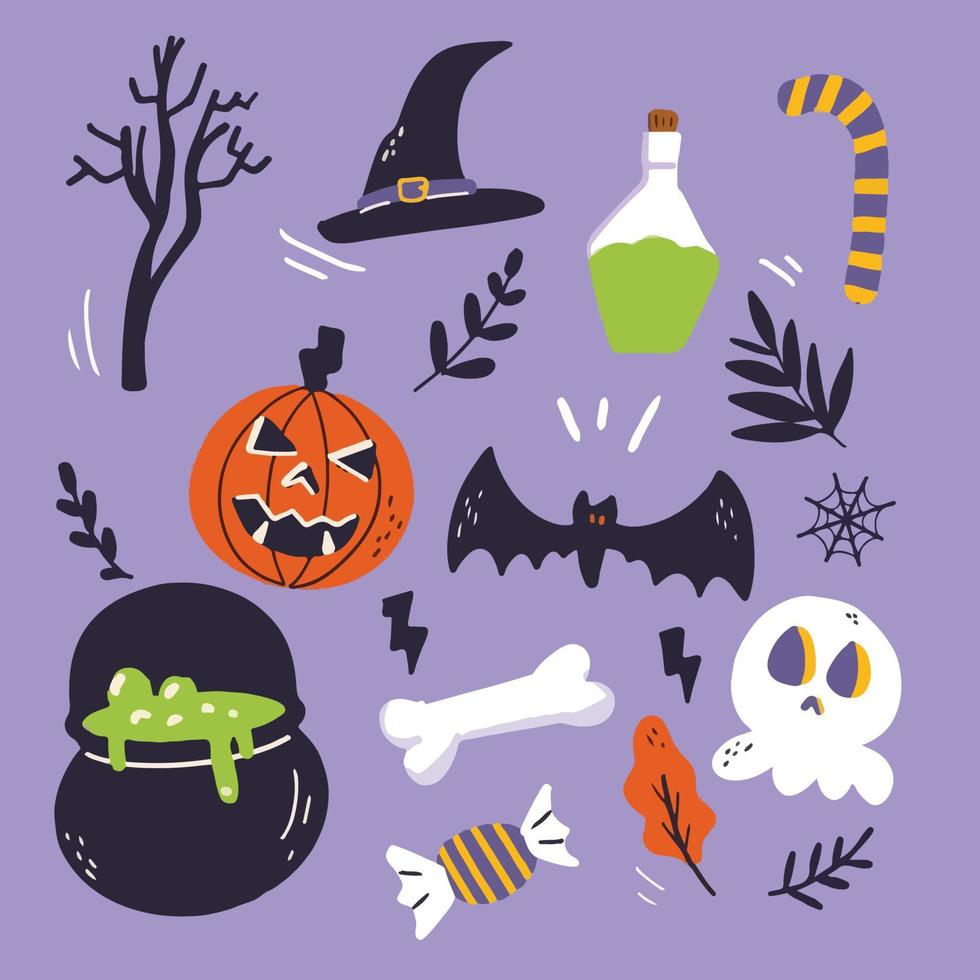 paquete de pegatinas de ilustración de dibujos animados de halloween evento de truco o trato de diseño plano espeluznante vector