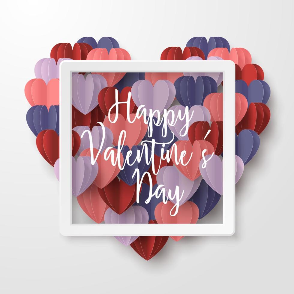 Happy valentines day paper cut style with colorful heart shape and white frame in white background vector