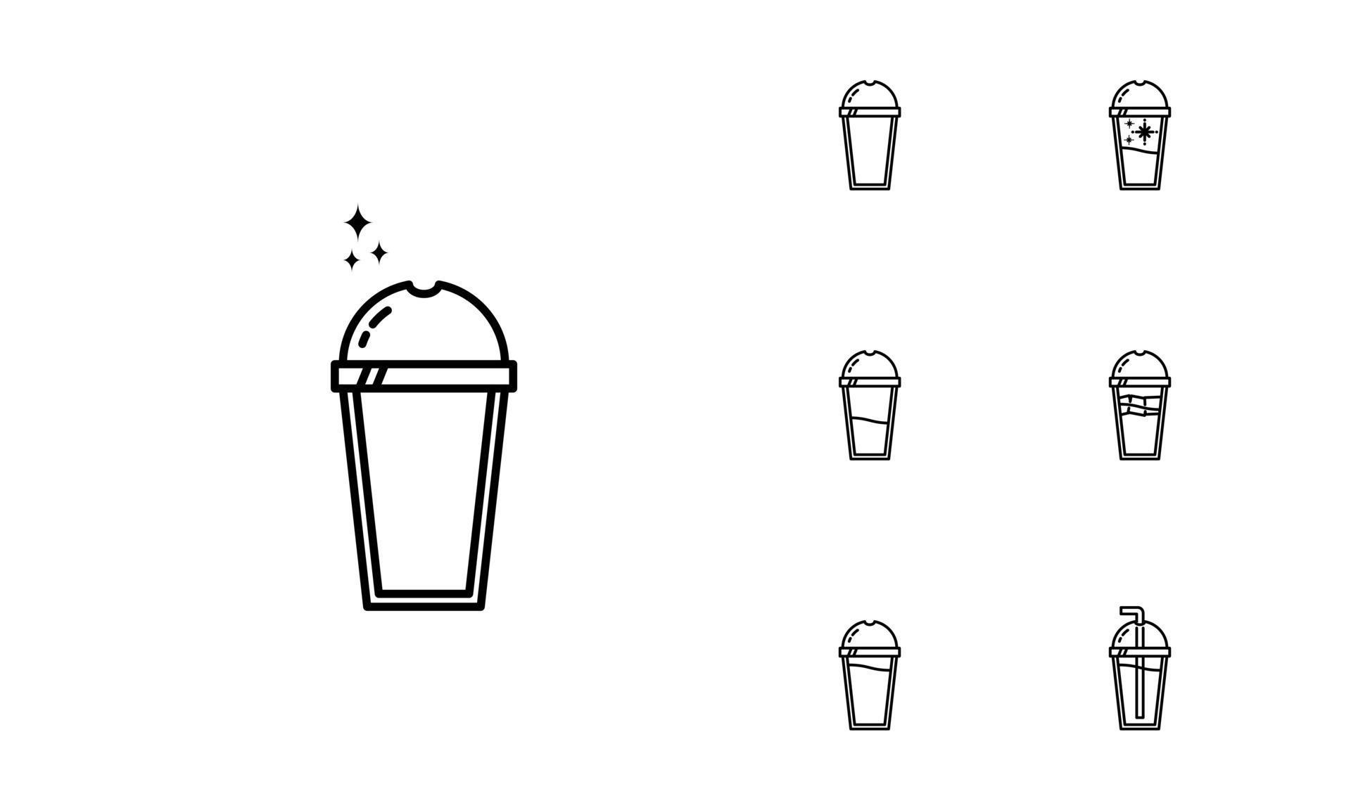 seven sets of plastic ice glass line icons. with a straw, cold water