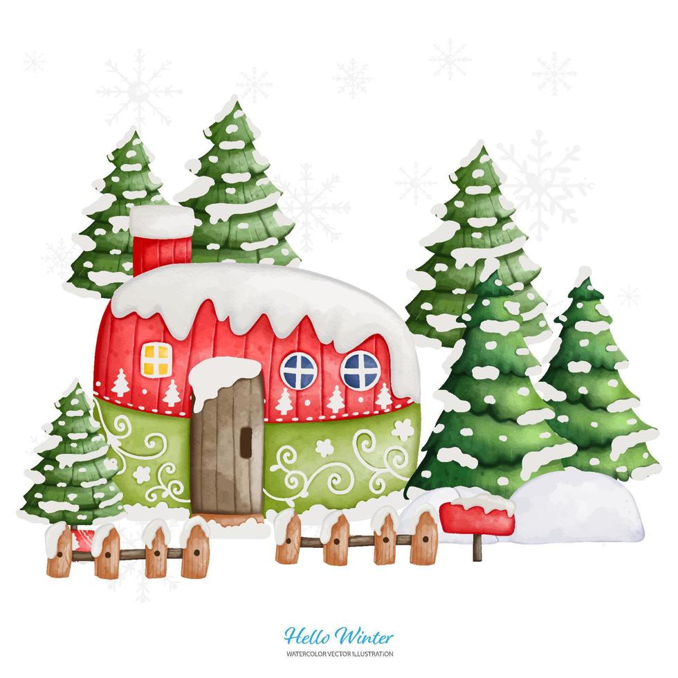 Scene of Winter house with Snow cap and Wooden Fence, Watercolor Vector illustration