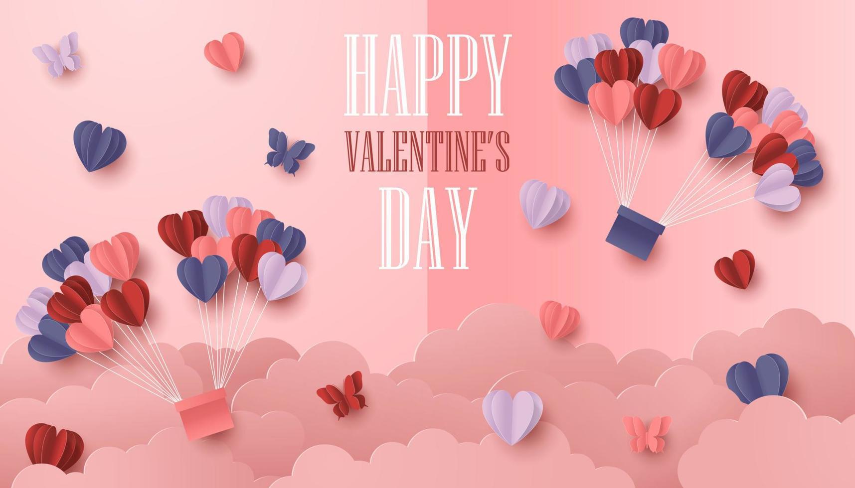 Happy valentines day paper cut style with colorful heart shape in pink background vector
