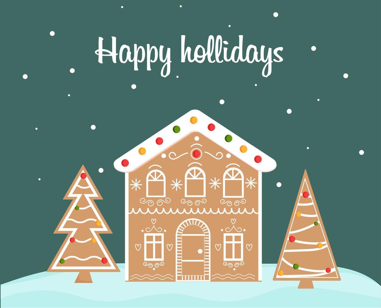 casa de pan de jengibre de navidad y árboles de navidad con inscripción felices fiestas. dulce galleta tradicional. ilustración vectorial vector