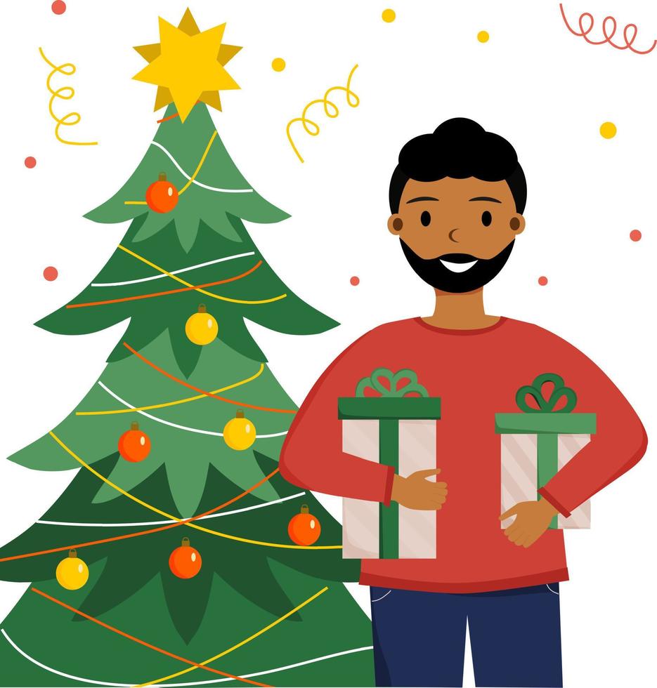Afro american man with Christmas gift box is standing near Christmas tree. Christmas, New year mood. Vector illustration in flat style.