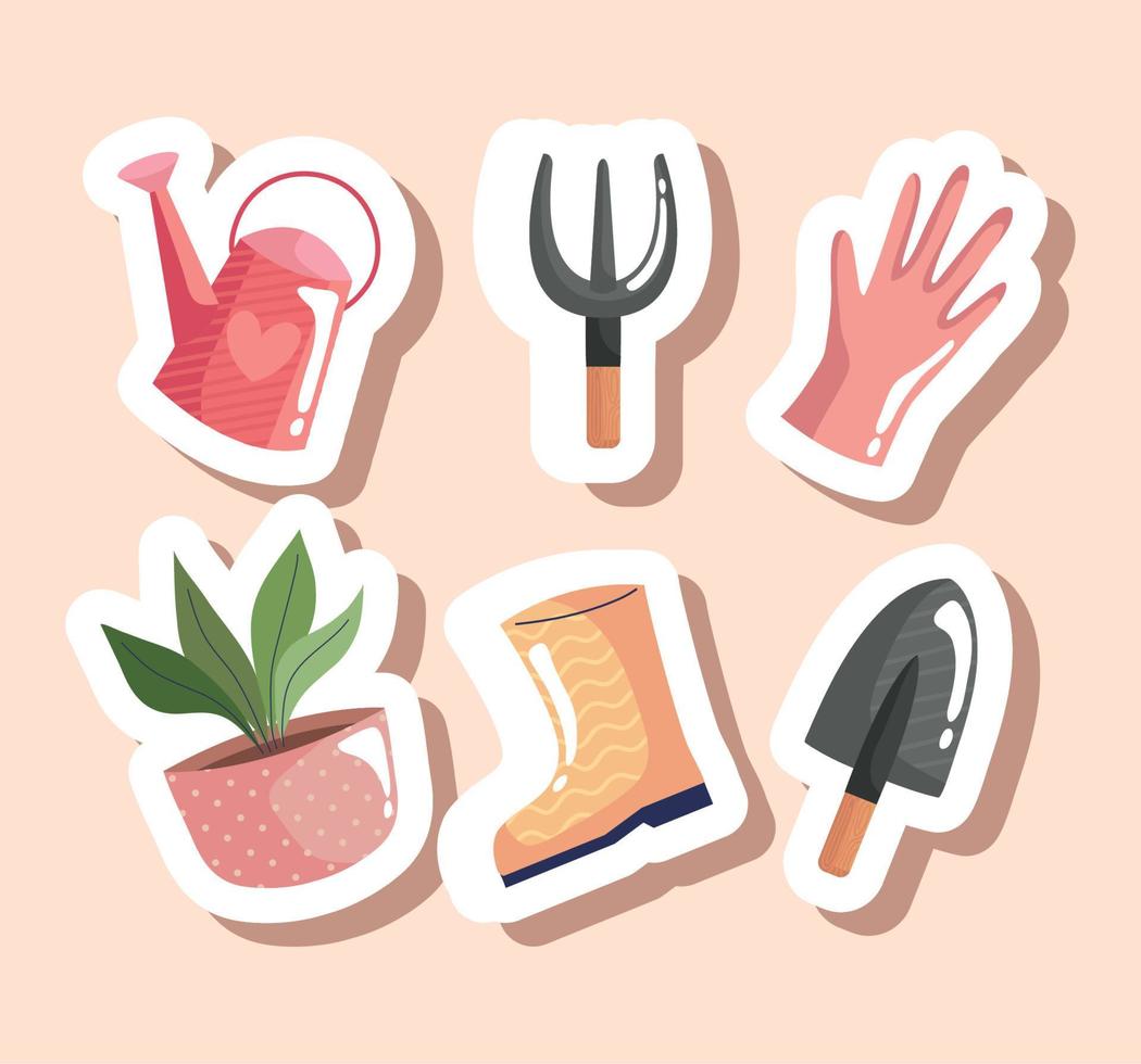 paquete de seis iconos de herramientas de jardinería vector