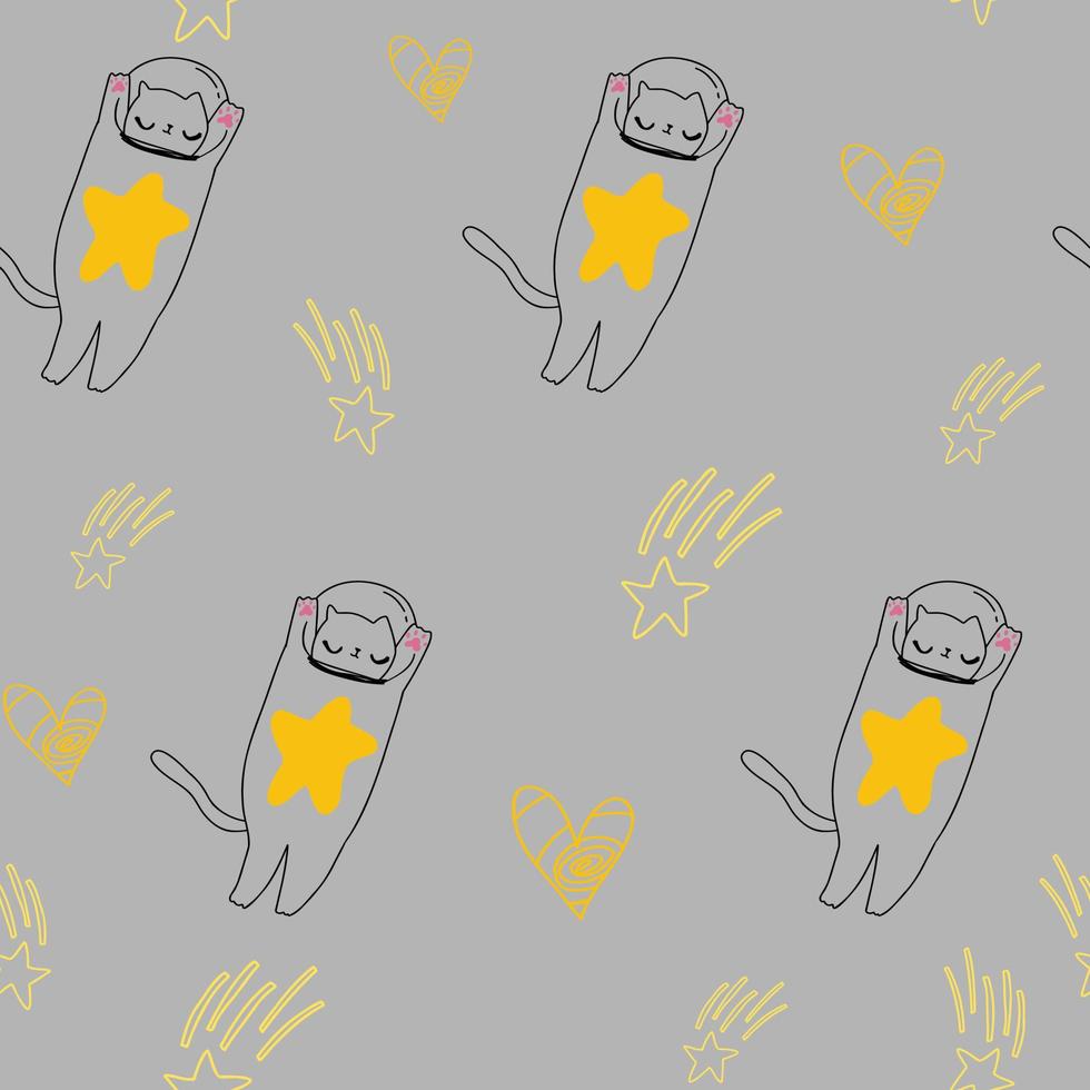 lindo gato en el espacio con estrellas, garabatos de corazones. patrón gris y amarillo para papel, bebé, álbum de recortes. vector