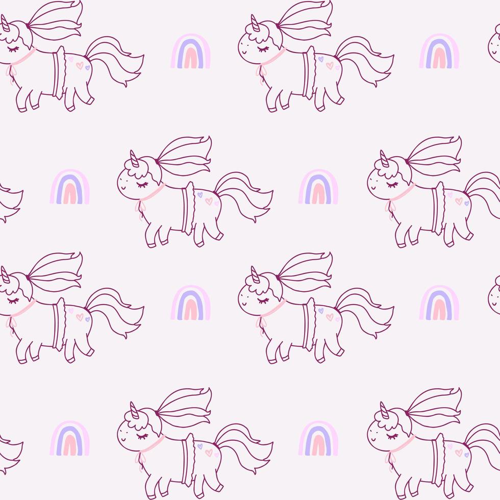 pequeño unicornio lindo con arco iris, abstracto, garabato. patrón rosa pastel para papel, bebé, álbum de recortes. vector