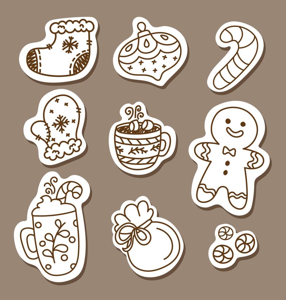 Winter pattern with Christmas hand-drawn decorative elements in vector. Christmas gingerbread cookies, holiday baking. Coloring book page for kids. vector