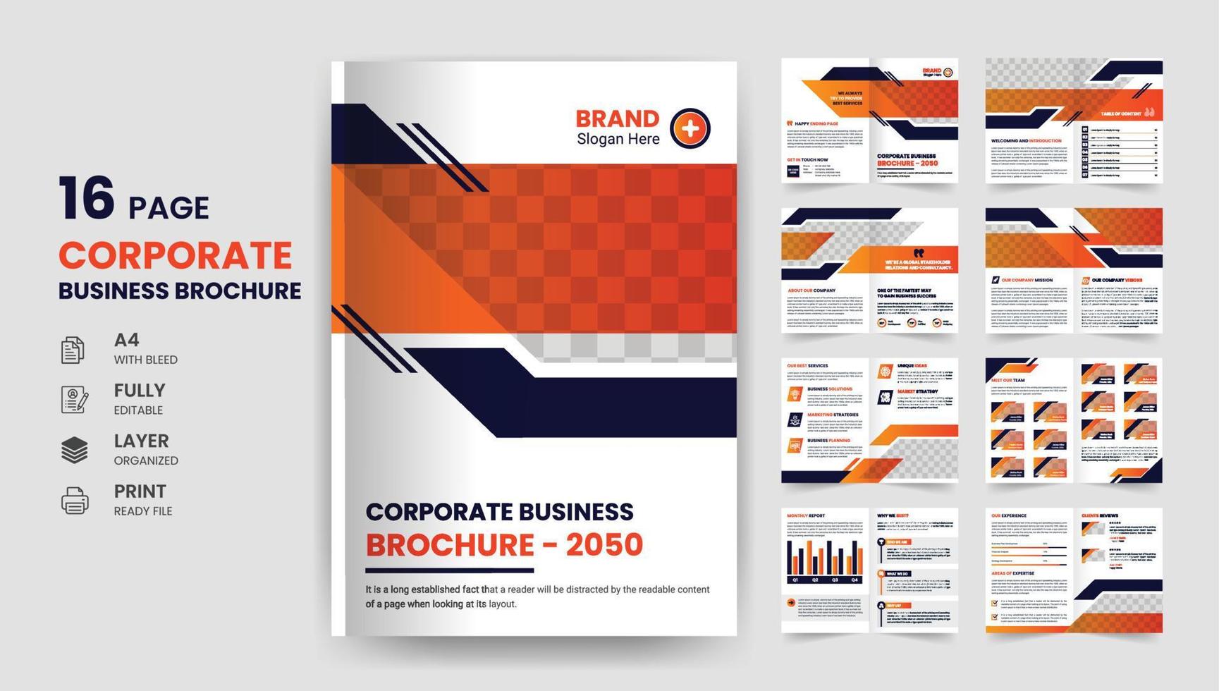 Folleto de negocios corporativos Perfil de empresa de 16 páginas, informe anual, plantilla de diseño de portada moderna tamaño a4 vector