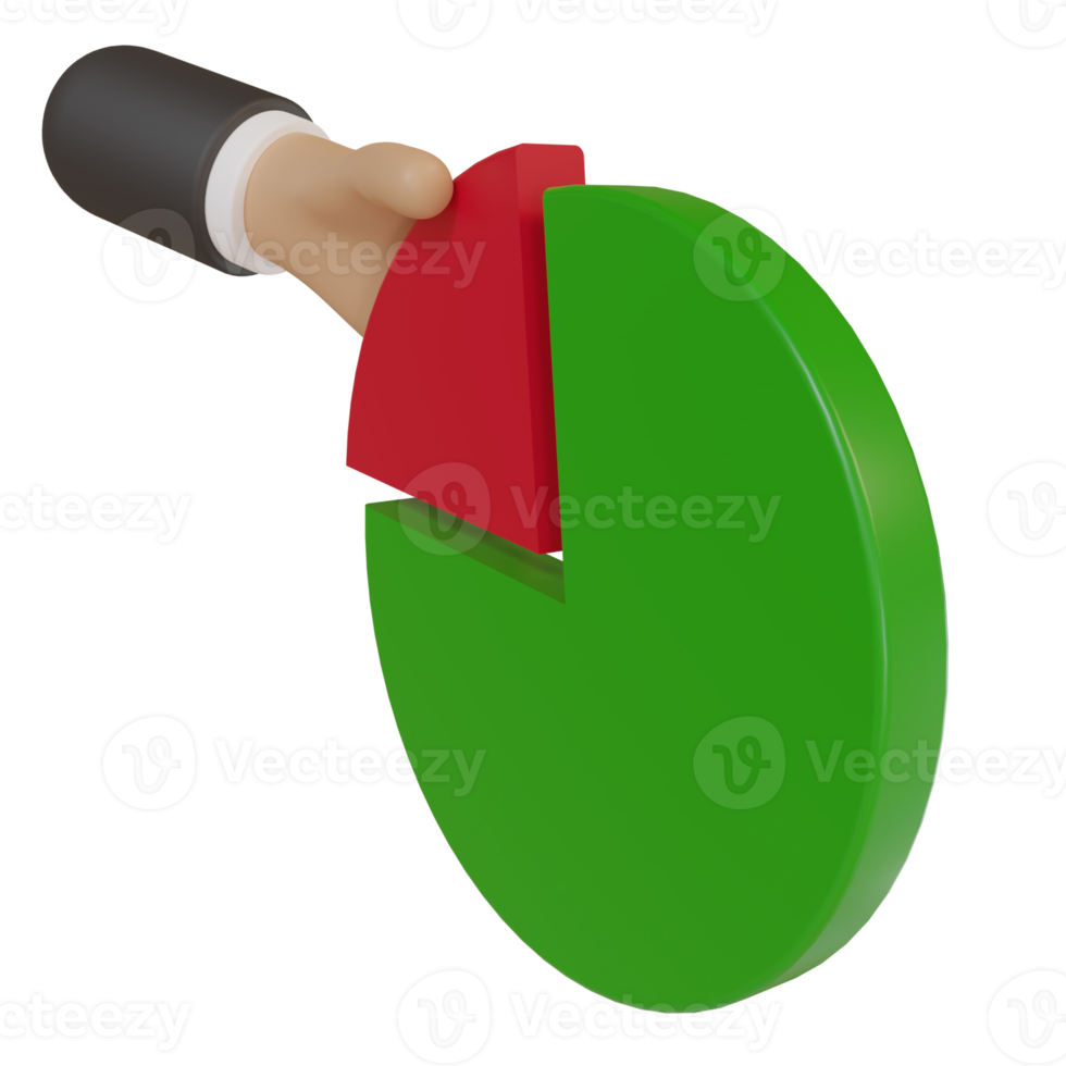 3d mano de un hombre de negocios tomando un trozo de pastel, concepto de un oficial de impuestos tomando impuestos o obteniendo ganancias, gráfico circular png