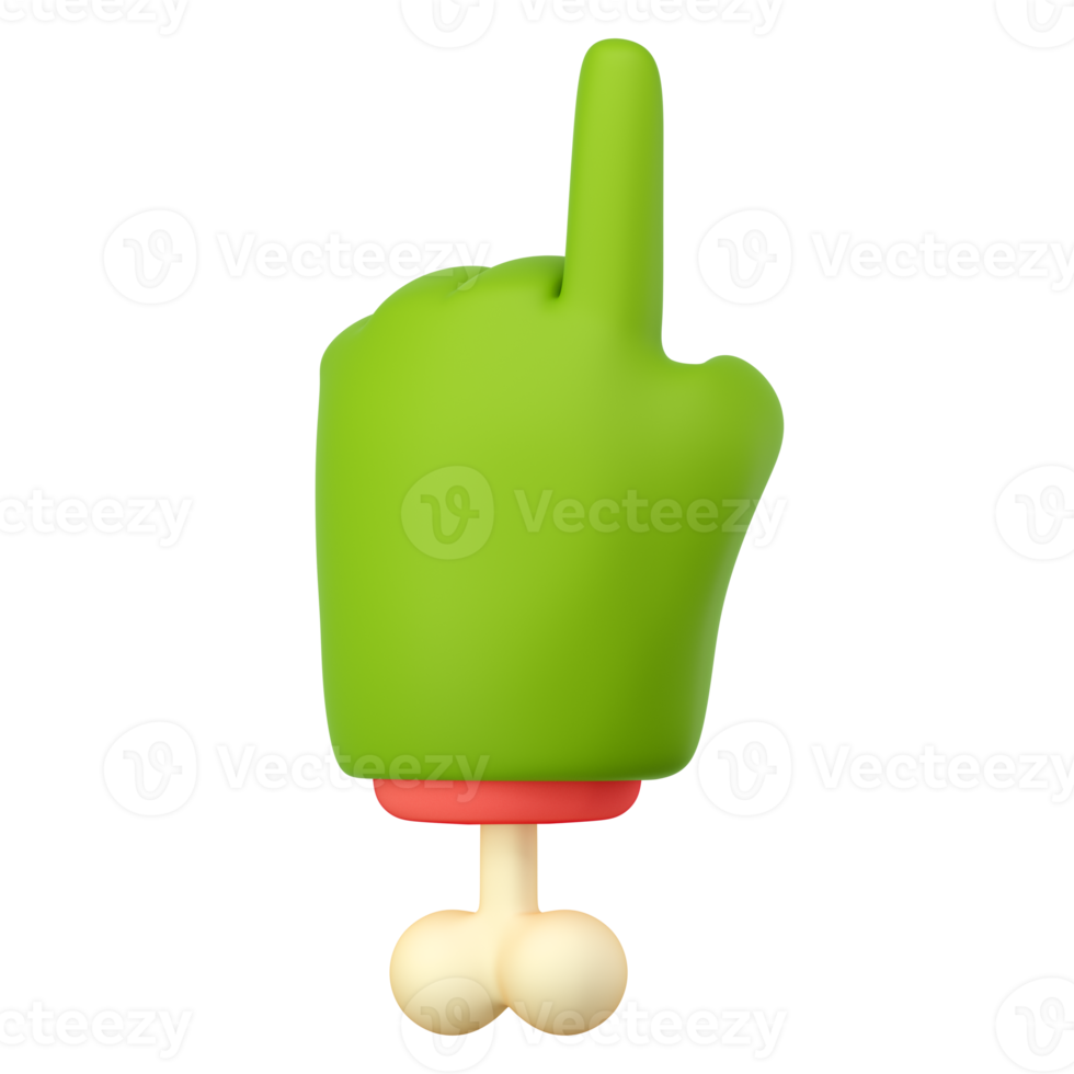 3d zombie hand in plastic cartoon style. Pointing fingers gesture. Green monster Halloween character palm with bone. High quality isolated render png