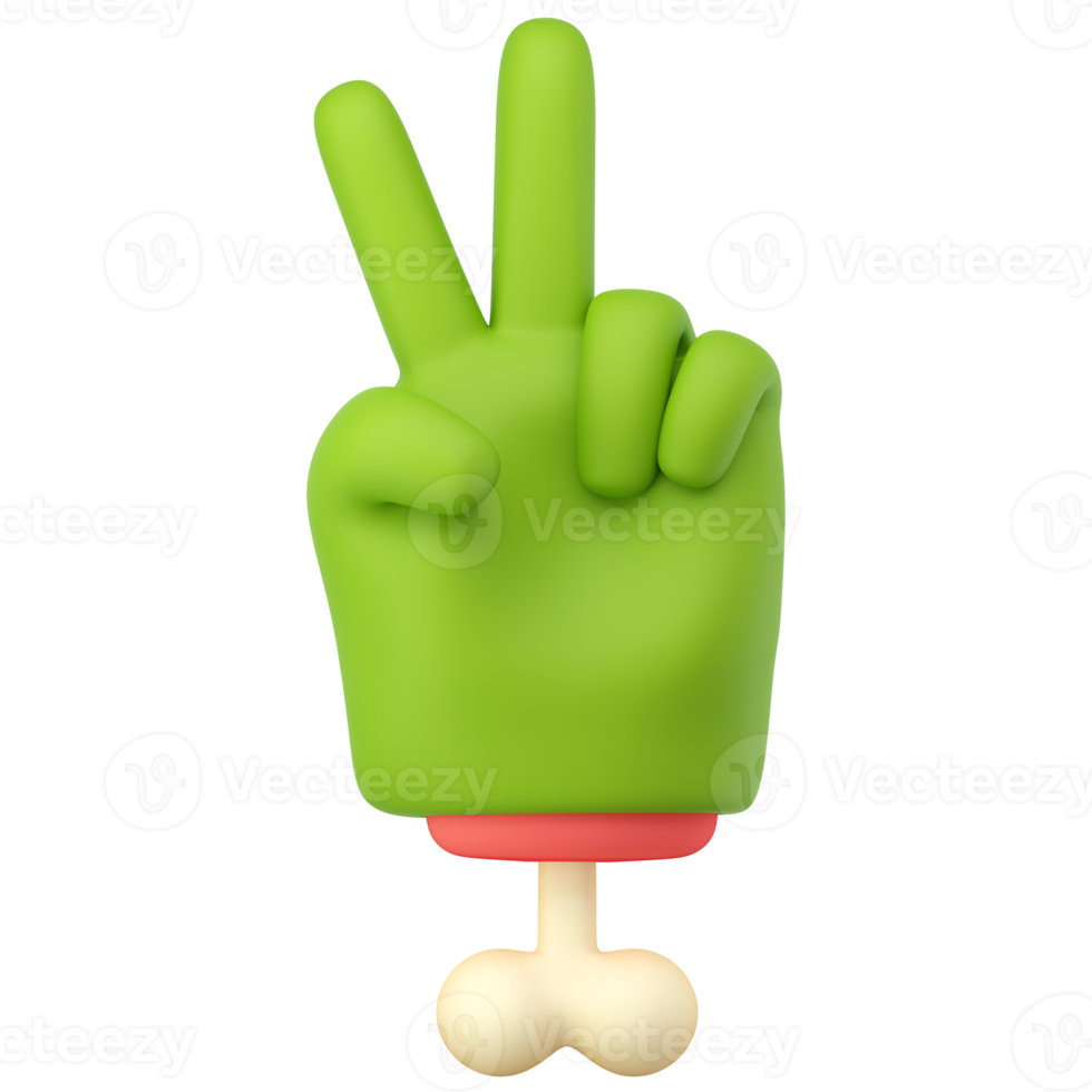 3d zombie hand in plastic cartoon style. Peace fingers gesture. Green monster Halloween character palm with bone. High quality isolated render png