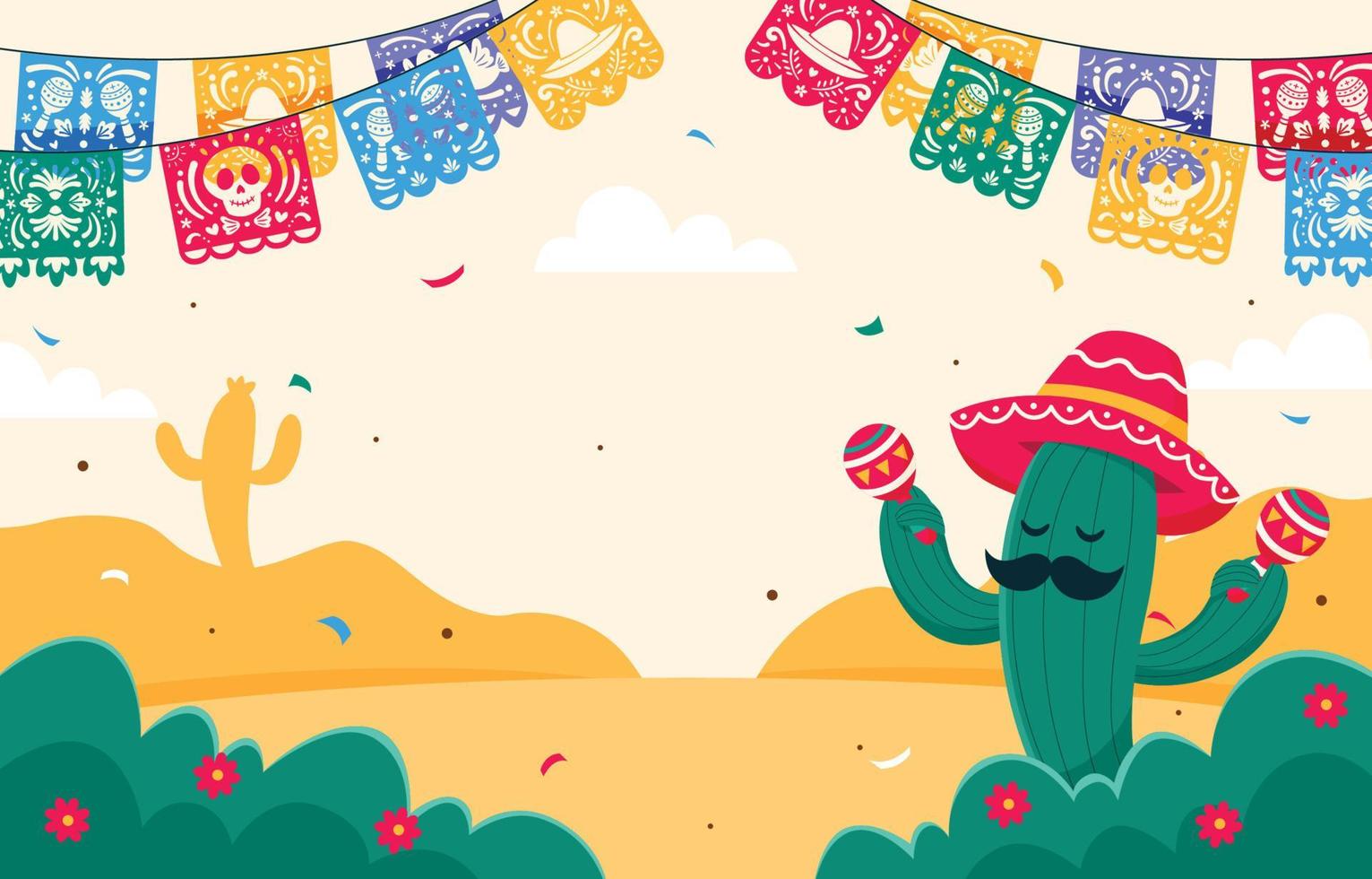 papel picado con fondo de personaje de cactus vector