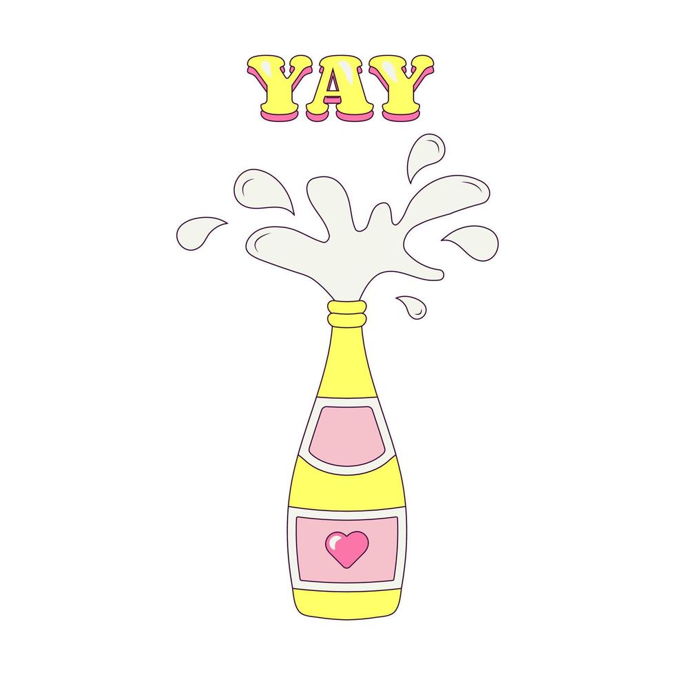 el champán salpica una botella festiva con una ilustración de despedida de soltera de corazón en una etiqueta o placa temporal de estilo maravilloso vector