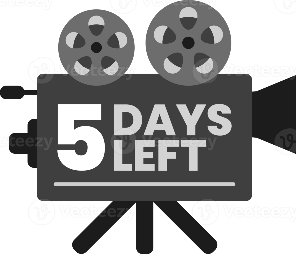 5 days left launching countdown on monochrome old classic movie film projector icon png