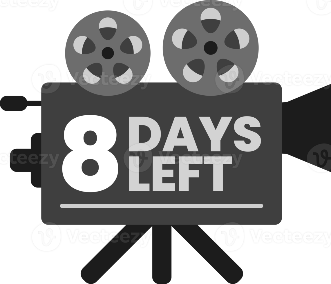 8 days left presentation countdown on monochrome old classic movie film projector icon png