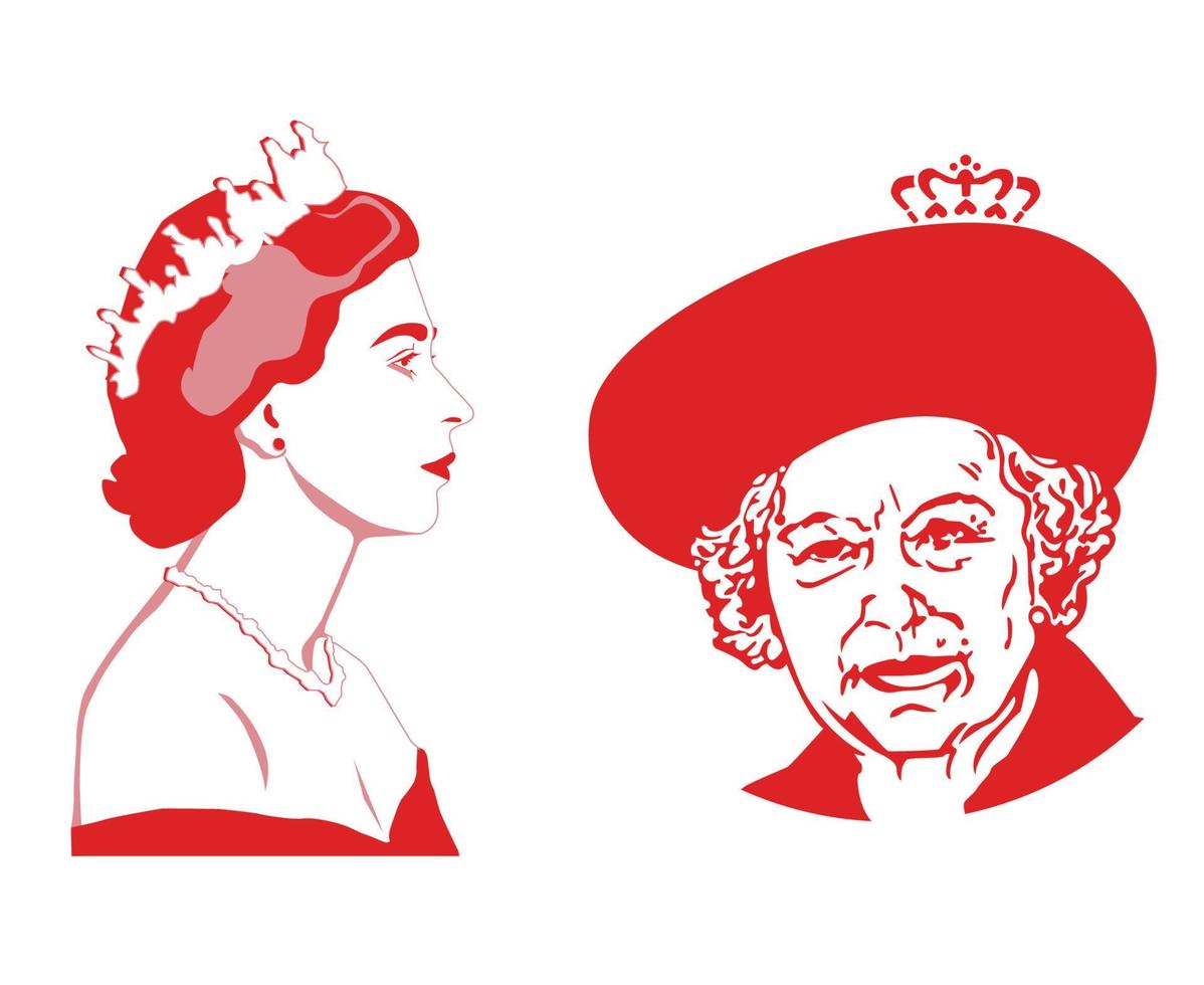 reina elizabeth cara retrato joven y viejo rojo británico reino unido nacional europa vector ilustración resumen elemento de diseño