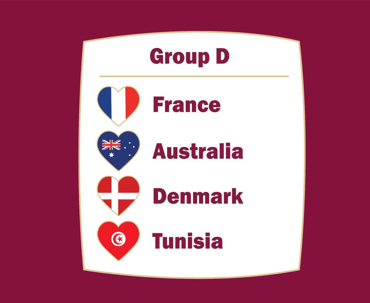 France Danemark Australia And Tunisia Flag Heart Countries Group D Symbol Design football Final Vector Football Teams Illustration