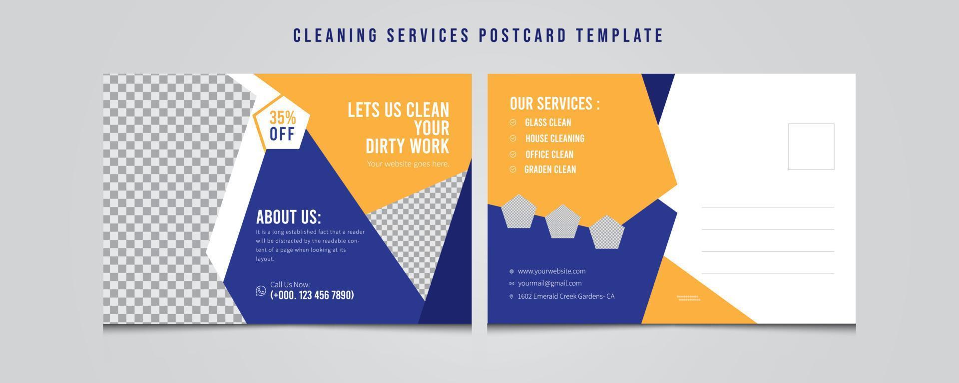 plantilla de postal de servicios de limpieza, diseño de postal, diseño de tarjeta de evento, diseño de invitación, diseño de postal comercial profesional, postal de servicios de lavado. vector