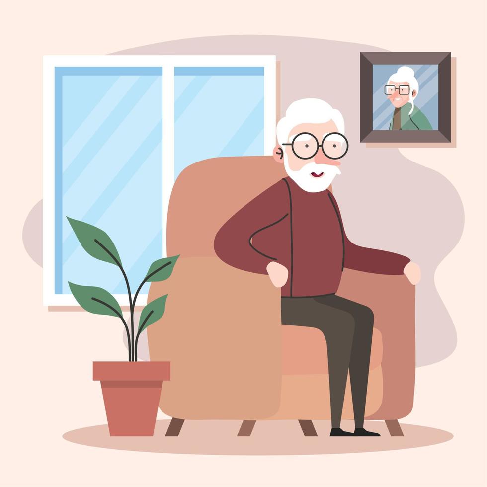 cute granfather member seated in sofa livingroom scene vector