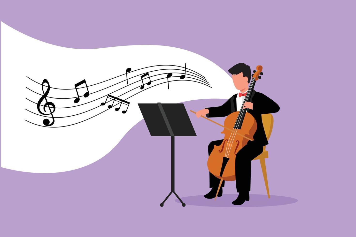 Business flat style drawing young male performer playing on contrabass. Cellist man playing cello, musician playing classical music instrument. Cartoon character graphic design vector illustration