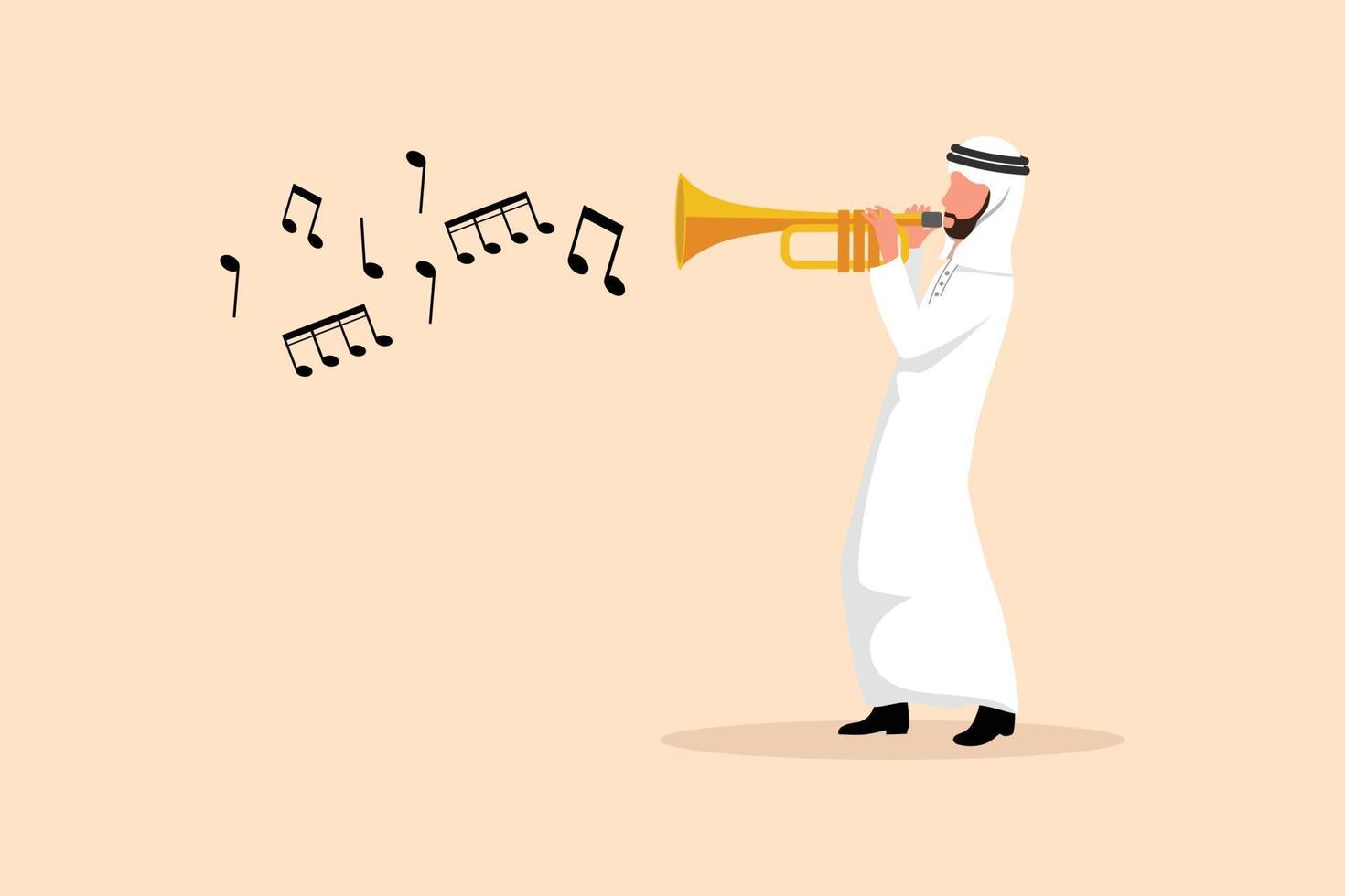 Business design drawing Arabian man play trumpet. Music instrumental. Jazz musician playing trumpet instrument. Trumpet player. Orchestra performer. Music performance. Flat cartoon vector illustration