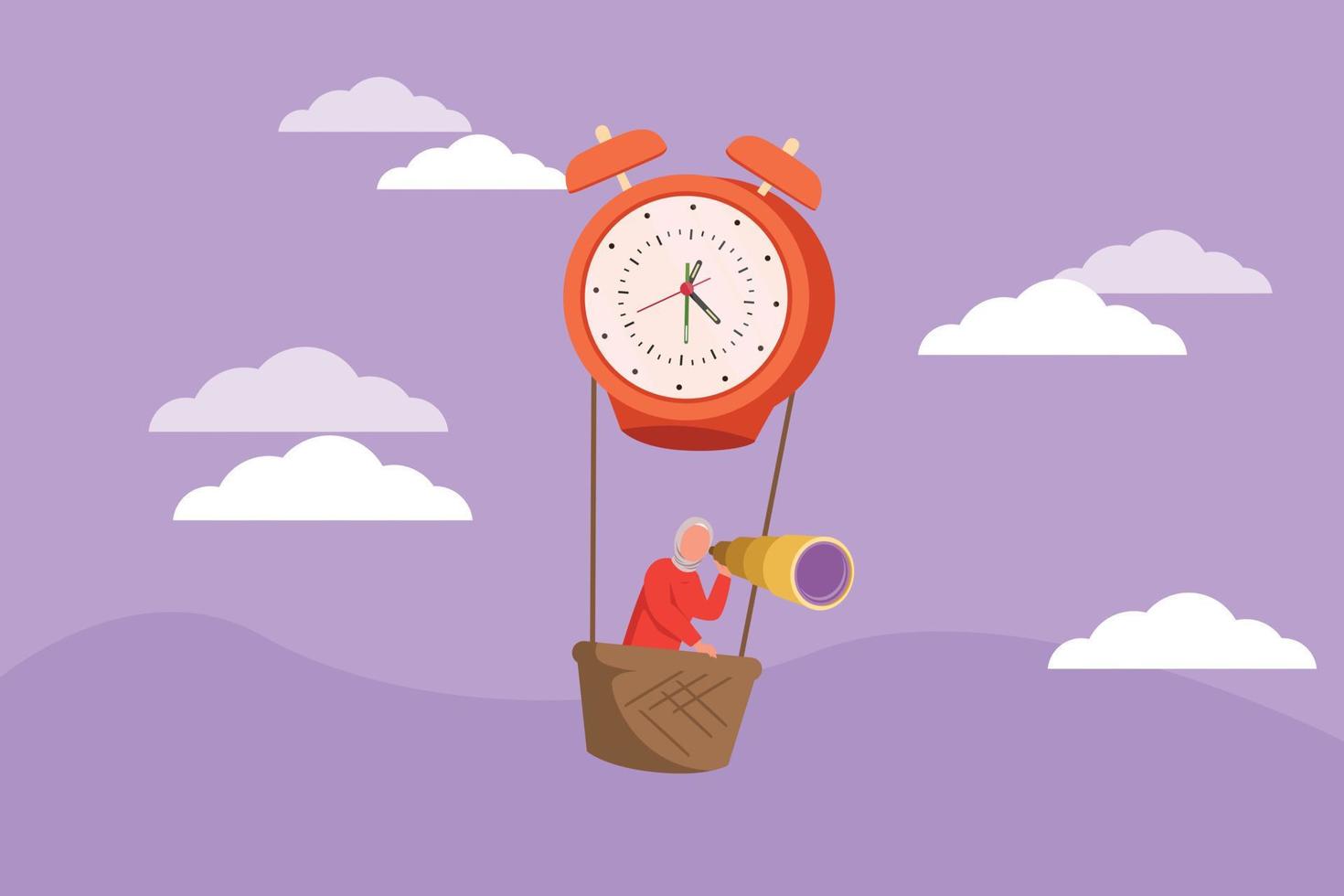 Character flat drawing Arab businesswoman, manager or employee ride hot air balloon alarm clock and looking forward with telescope. Time management business travel. Cartoon design vector illustration