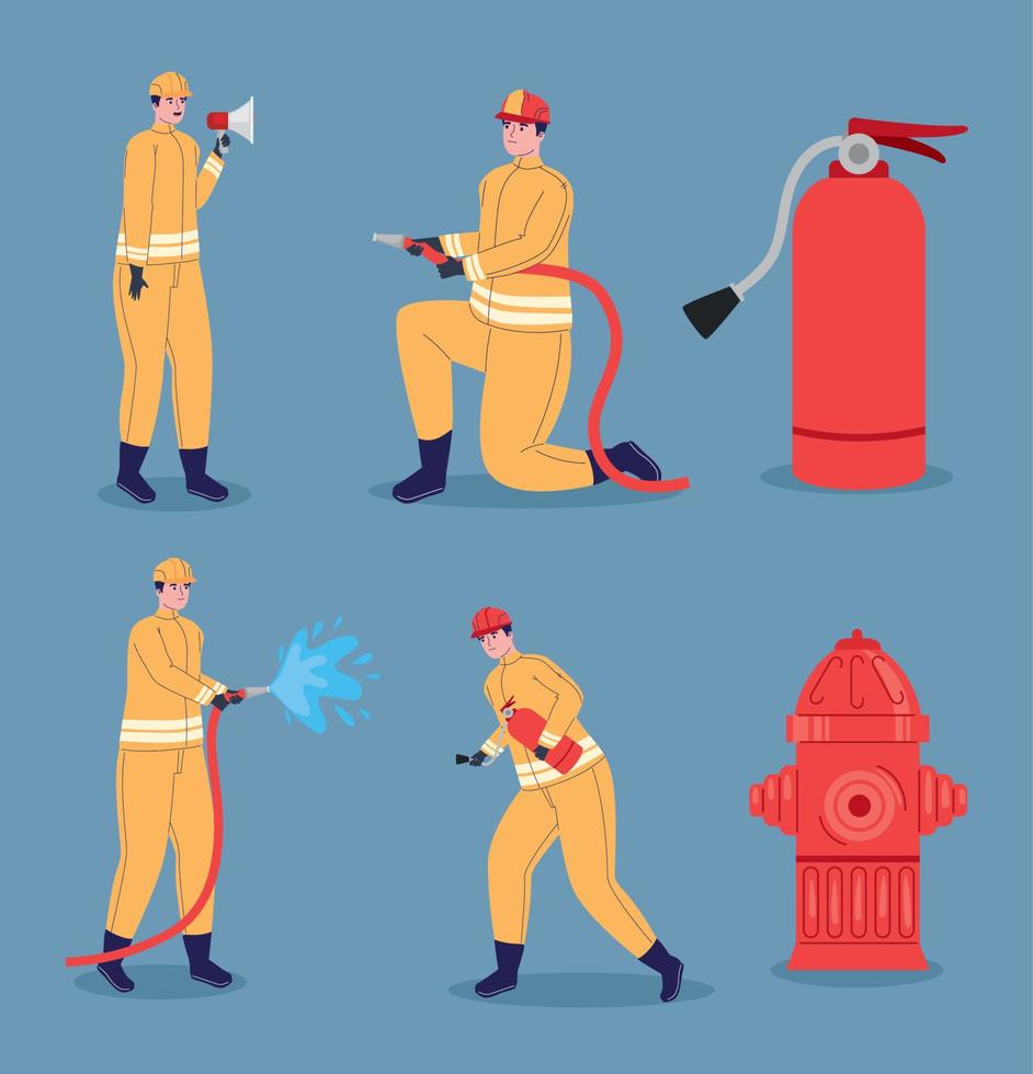 firefighters with extinguisher and hydrant vector