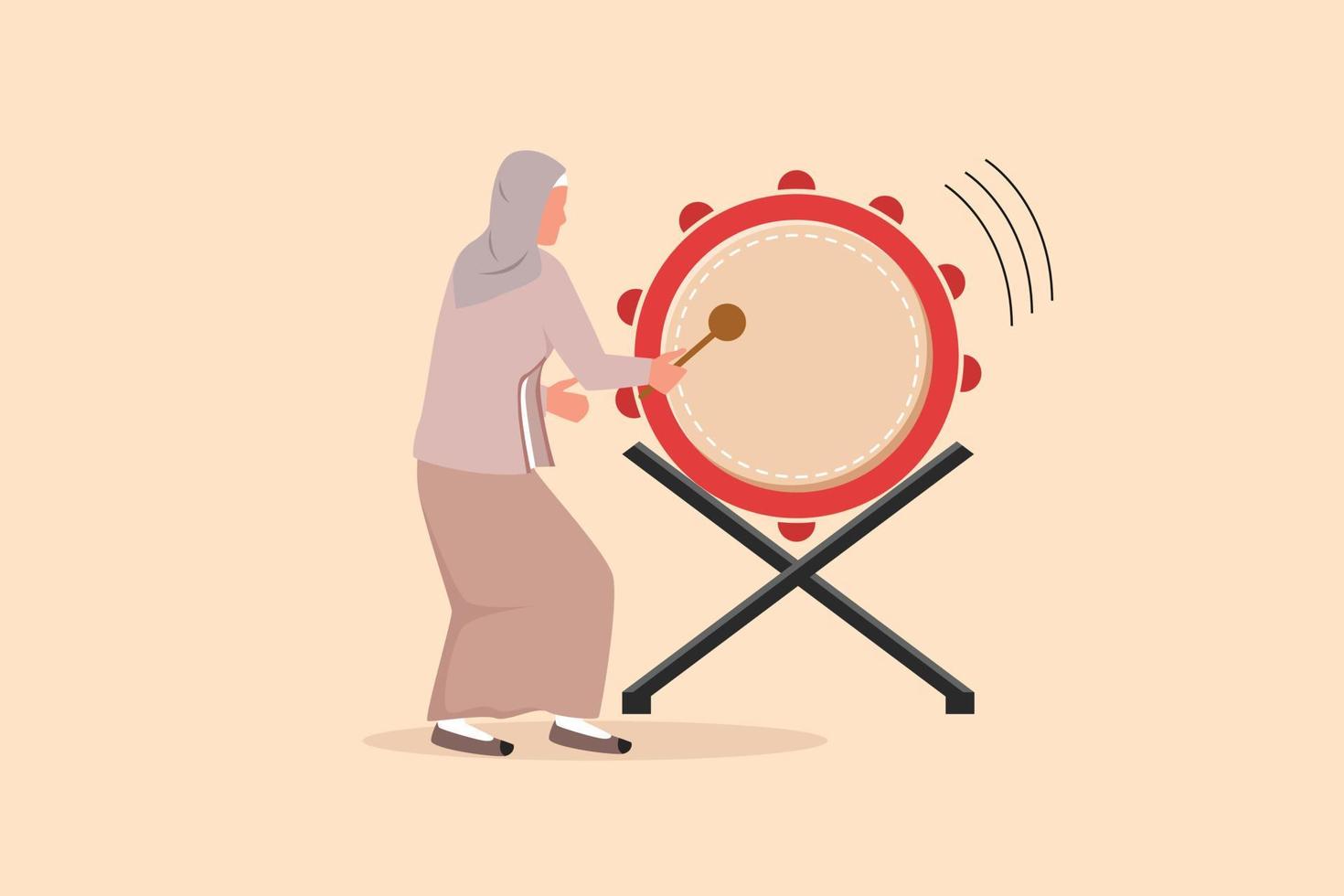 Business flat drawing happy Arab woman hitting bedug or traditional drum for suhoor and iftar time Ramadan. Muslim person calling people to pray to mosque. Cartoon character design vector illustration